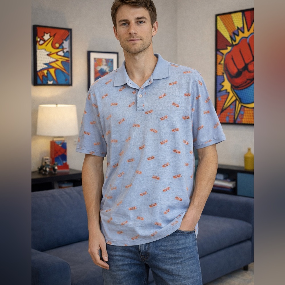 Marvel Men’s Polo Shirt Blue All Over Logo Casual Graphic Size XL